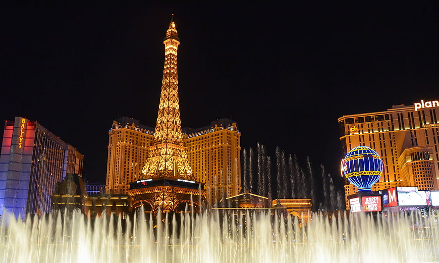 Paris Las Vegas Eiffel Tower and Fountains at Night