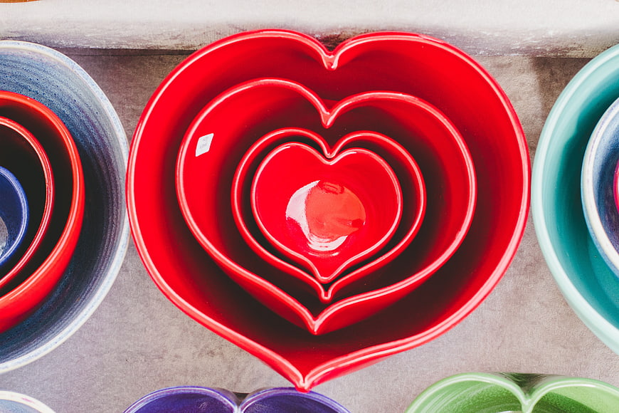 Top View of Nested Red Heart-Shaped Ceramic Bowls