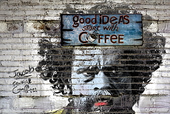 Street Art Stencil Portrait with Coffee Quote on Brick Wall