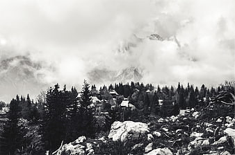 Black and white mountain village with clouds and pine trees