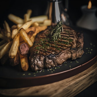 Grilled Steak with Fries on Dark Plate