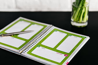 Open Green Planner on Black Desk with Pen and Plant