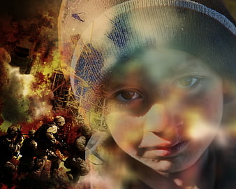 Composite image of child's face overlaid with war zone soldiers