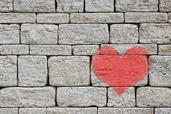 Red Heart Painted On Gray Stone Brick Wall Texture