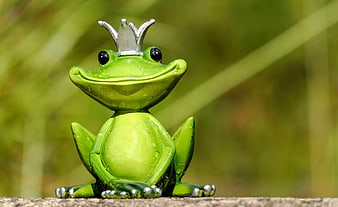 Cute Green Frog Prince Figurine with Silver Crown