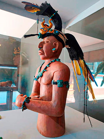 Indigenous Leader Sculpture with Feather Headdress in Museum
