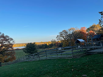 Autumn Farm Landscape with Wooden Fence and Blue Sky