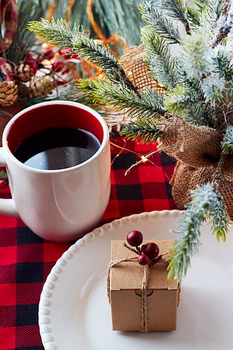 Festive Christmas Coffee Mug and Gift Box on Plaid
