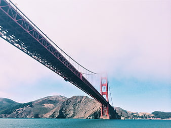 Golden Gate Bridge Underneath View with Fog and Hills