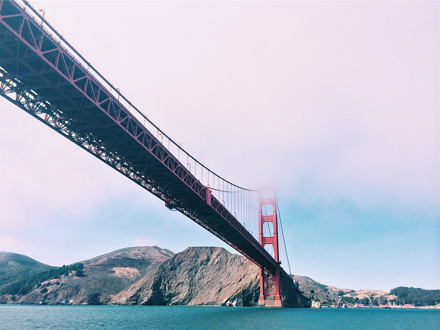Golden Gate Bridge Underneath View with Fog and Hills