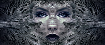 Surreal fantasy portrait of a woman's face merging with gnarled tree roots