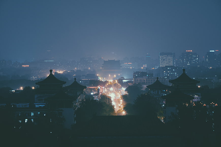 Night View of Traditional Chinese Architecture and City Lights