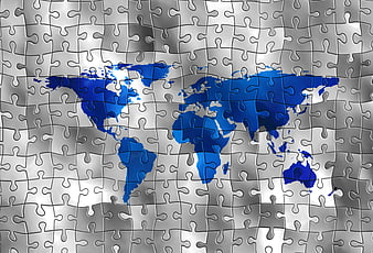 Blue World Map Puzzle on Silver Background