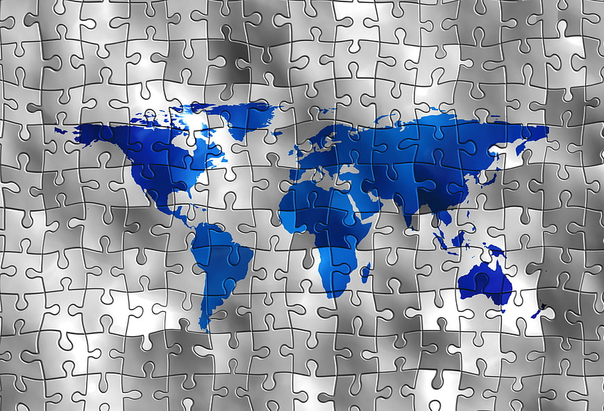 Blue World Map Puzzle on Silver Background