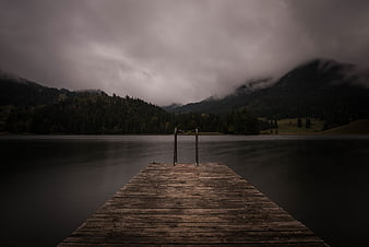 Moody Wooden Dock on Misty Mountain Lake