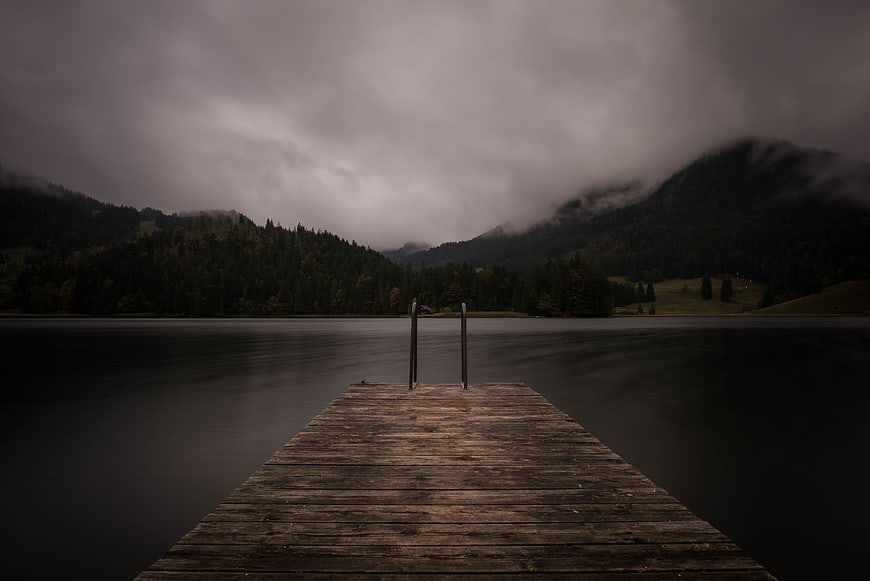 Moody Wooden Dock on Misty Mountain Lake