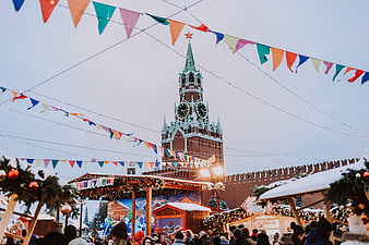 Spasskaya Tower at Red Square Christmas Market in Moscow