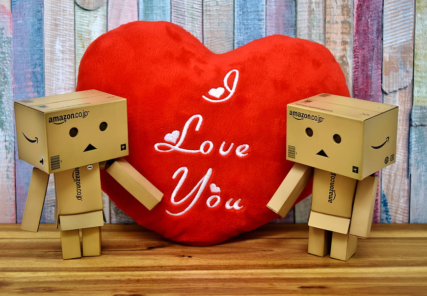 Two Danbo cardboard figures with red love heart pillow