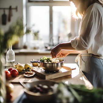Woman preparing healthy salad in sunlit kitchen