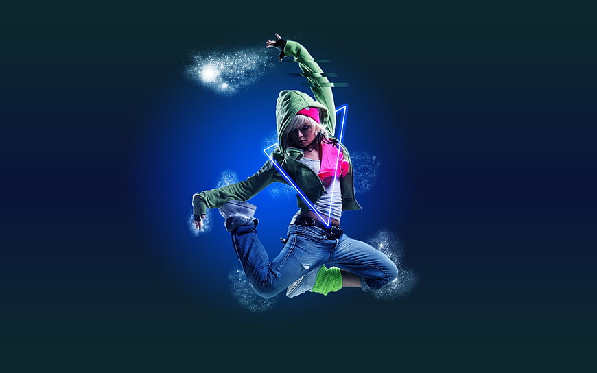 Young woman breakdancing with neon effects and blue background