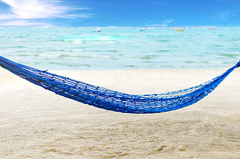 Blue Hammock On Tropical Beach With Turquoise Ocean
