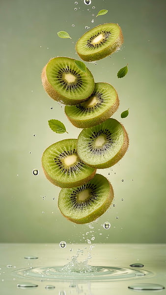 Fresh Kiwi Slices Splashing in Water