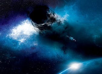 Astronaut floating near a black hole and glowing planet in deep space