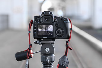 Canon DSLR Camera on Tripod with Red Strap