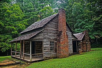 Historic Rustic Log Cabin With Brick Chimney In Lush Forest