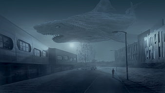 Giant Stone Shark Hovering Over Foggy Urban Street at Night