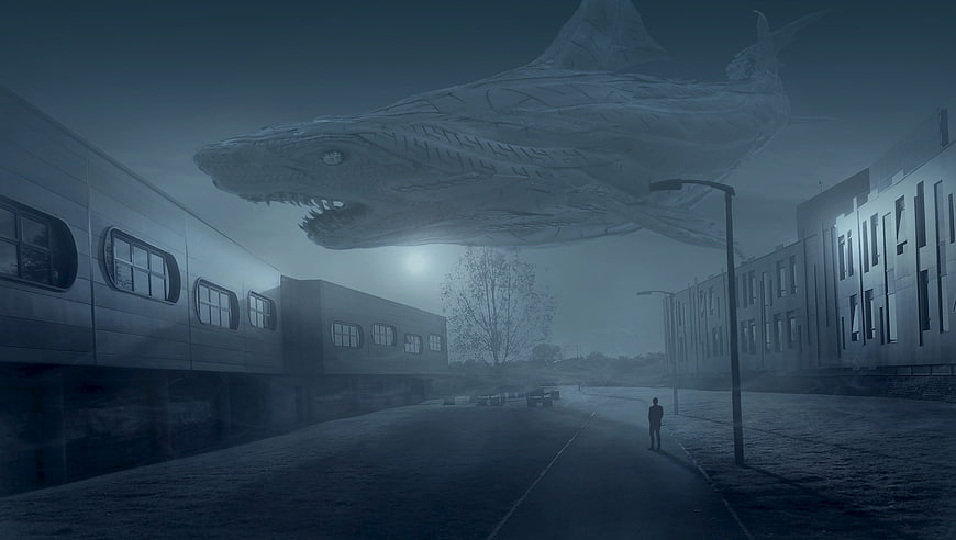 Giant Stone Shark Hovering Over Foggy Urban Street at Night