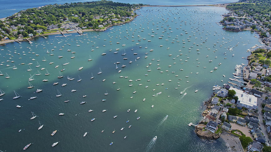 Aerial View of Harbor Filled with Sailboats and Yachts