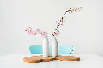 Minimalist Pink Cherry Blossoms in White Vases on Wooden Stand