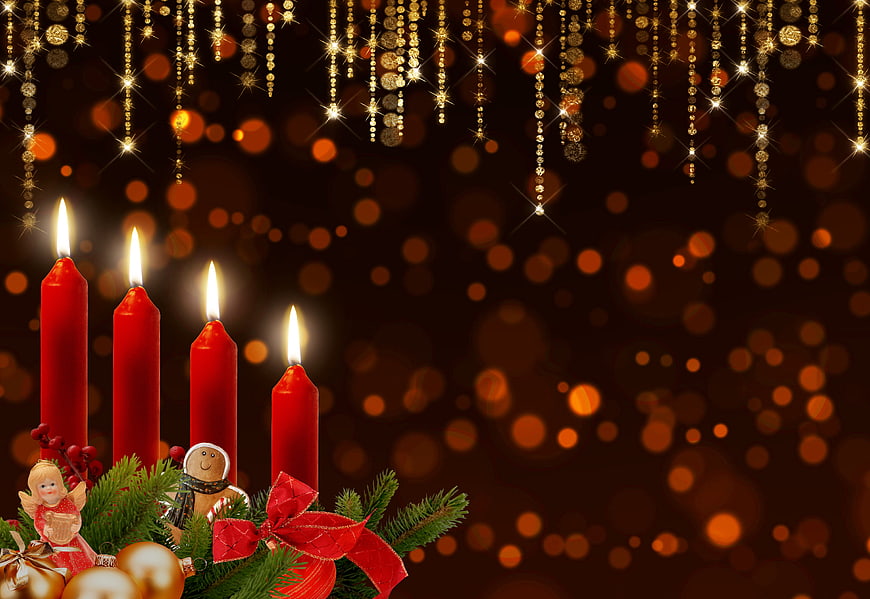 Advent Candles With Christmas Decorations And Golden Bokeh Background