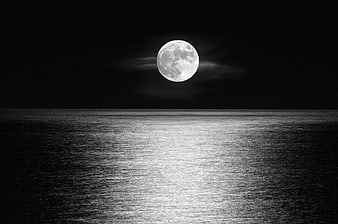 Full moon over calm ocean at night in black and white