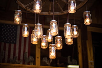 Rustic Mason Jar Chandelier with American Flag Background
