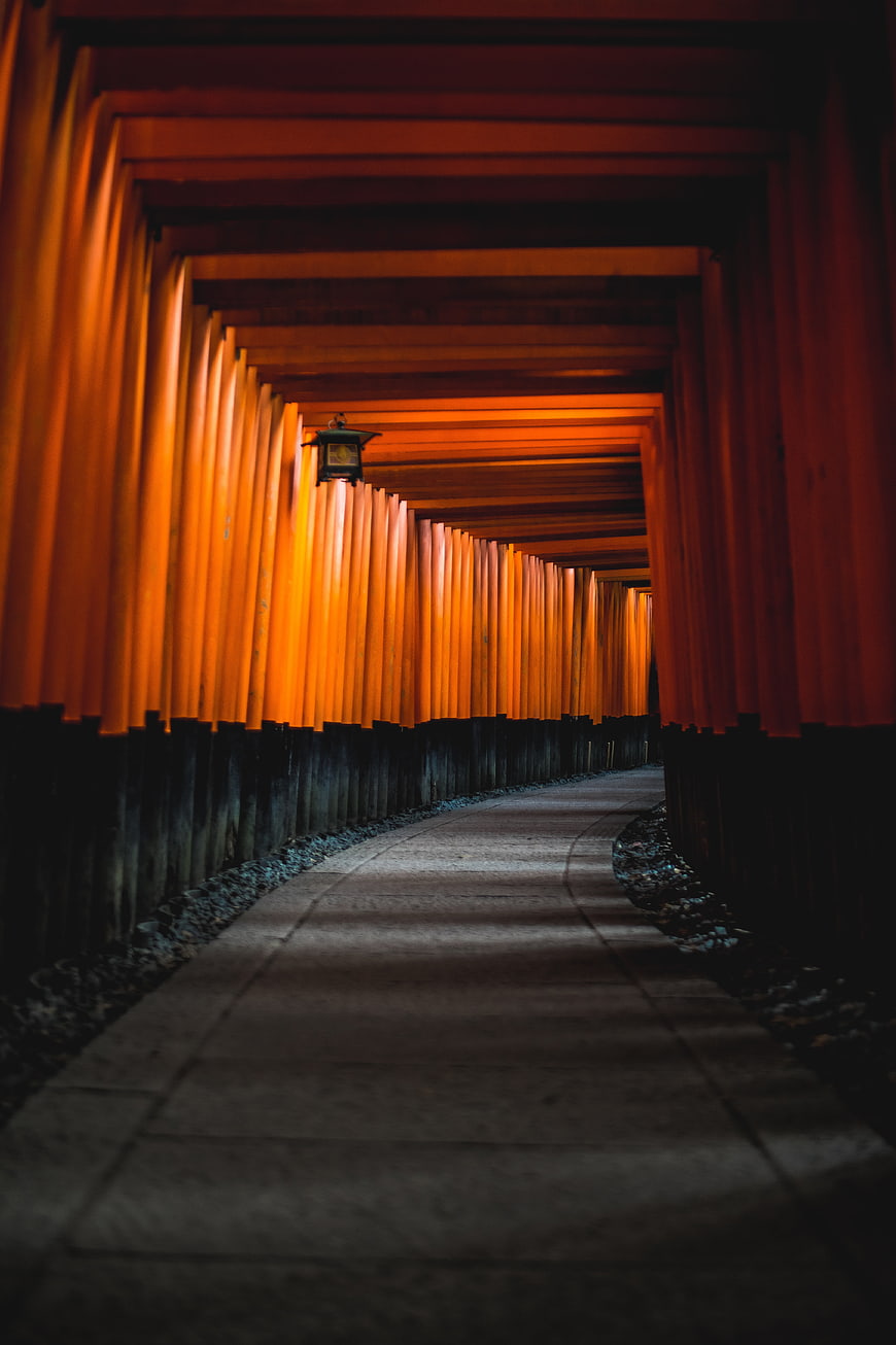 Tunnel of Red Torii Gates at Fushimi Inari Shrine in Kyoto