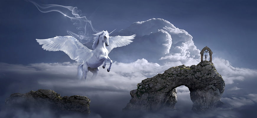 White Pegasus Flying Over Clouds and Stone Archway