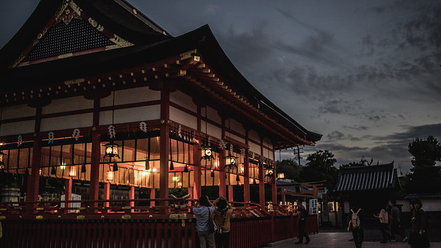 Traditional Japanese Shrine at Dusk with Lanterns