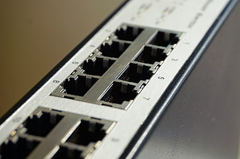 Close-up of network switch ethernet ports