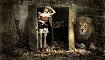 Woman in steampunk outfit standing next to lion in ruined room