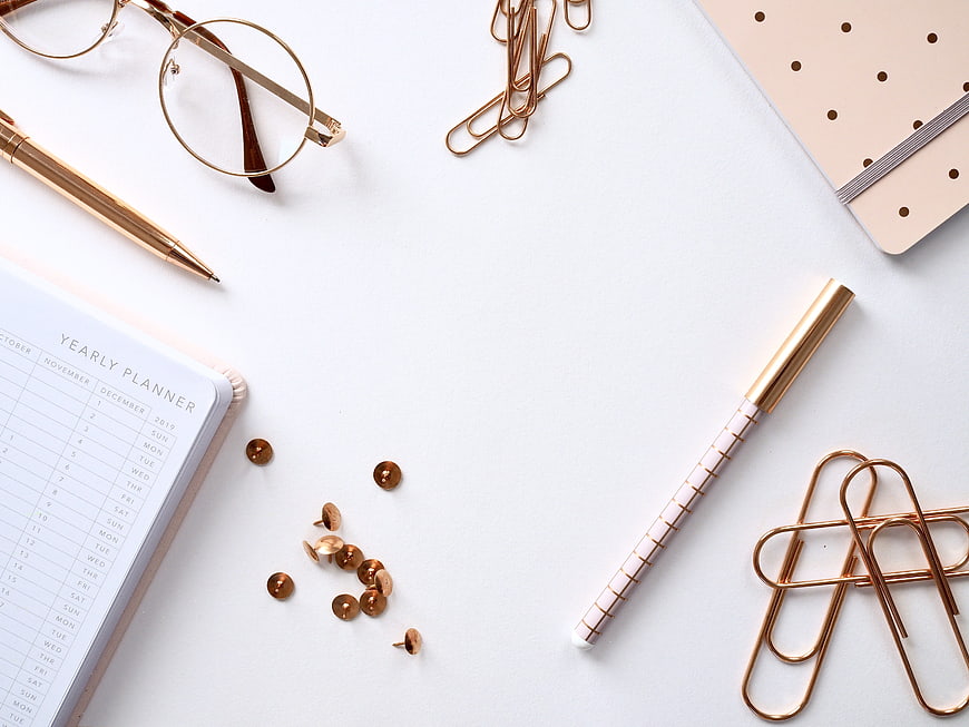 Rose Gold Office Stationery Flat Lay With Planner And Pen