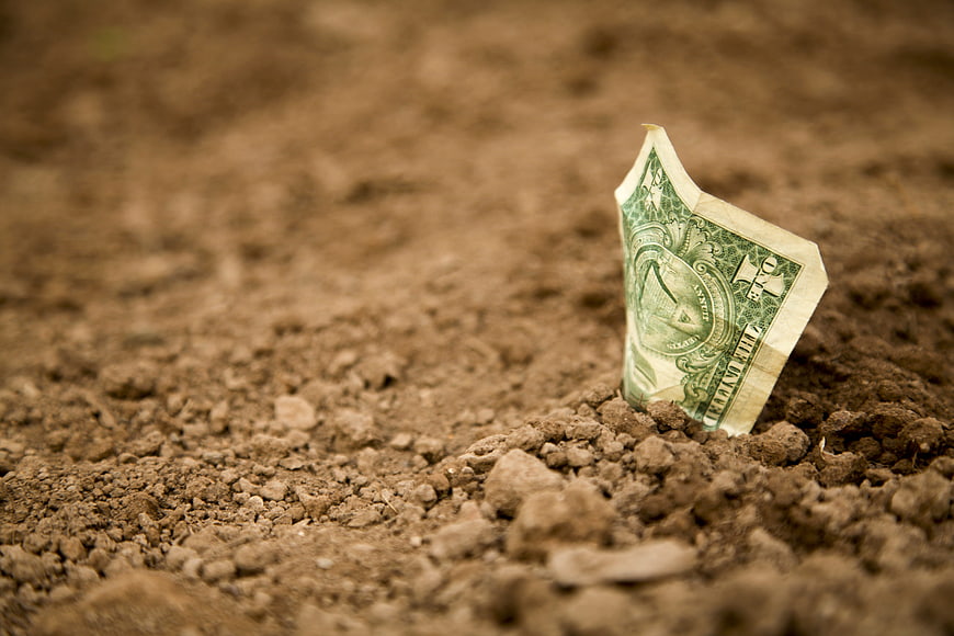 Dollar bill planted in dry soil like a seed