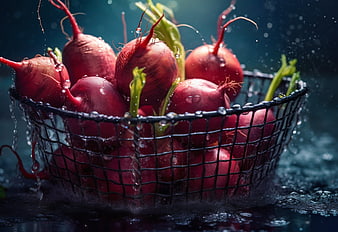 Fresh Red Beets in Wire Basket with Water Splashes