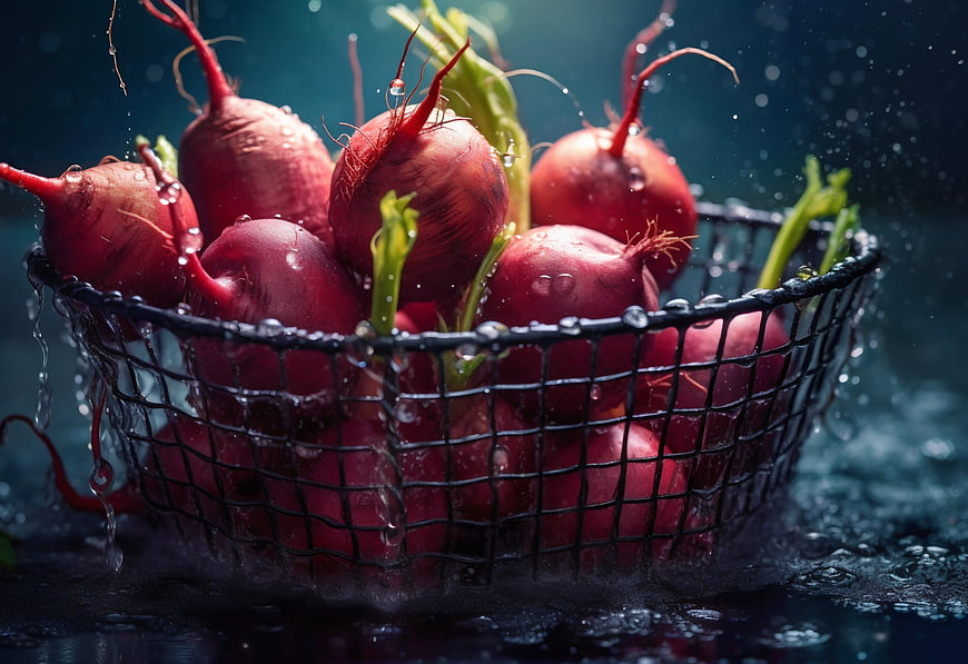 Fresh Red Beets in Wire Basket with Water Splashes