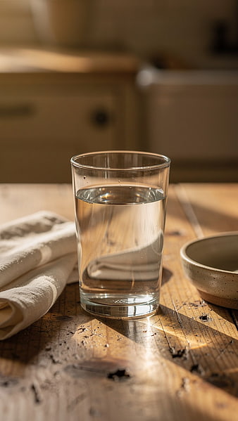 Glass of Water on Rustic Wooden Table with Sunlight