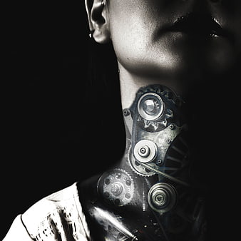 Cyberpunk woman with mechanical gears on neck