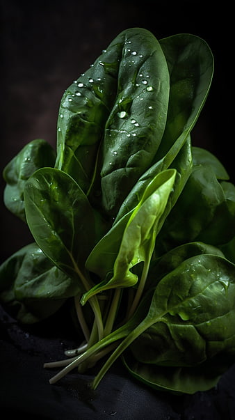 Fresh Spinach Leaves with Water Droplets on Dark Background