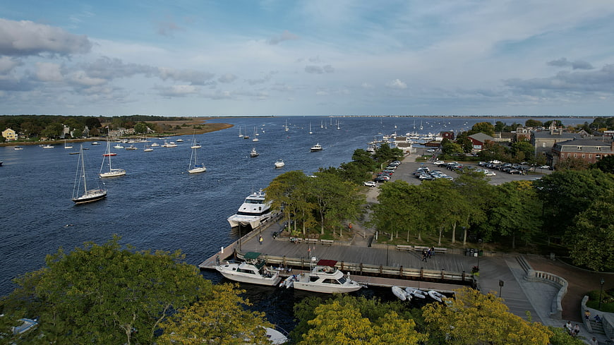 Aerial View of Busy Harbor with Sailboats and Yachts