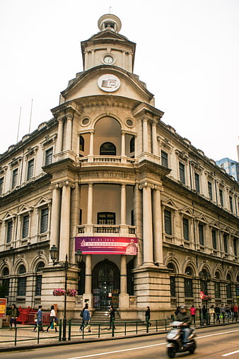Historic Macau Post Office Building Facade With Pedestrians